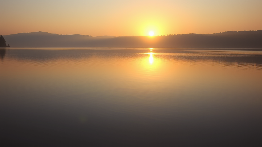 Peaceful sunrise over calm lake with soft morning light reflecting on water creating serene atmosphere no text no words no letters
