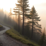 Peaceful mountain path winding through misty forest with soft golden morning light filtering through trees no text no words no letters