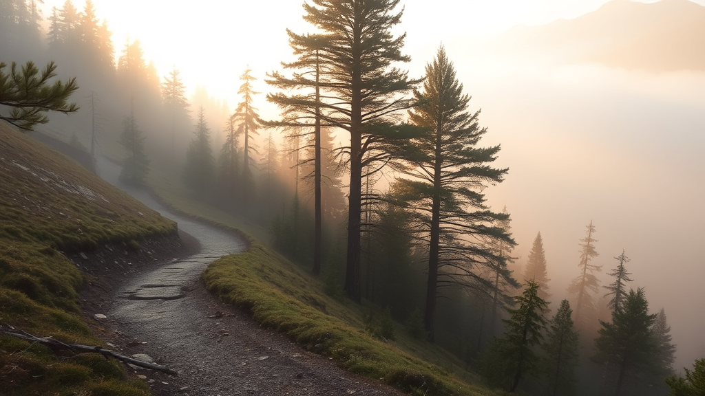 Peaceful mountain path winding through misty forest with soft golden morning light filtering through trees no text no words no letters