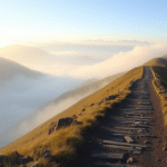 Peaceful mountain path with soft morning light filtering through mist, representing journey and discovery, no text no words no letters
