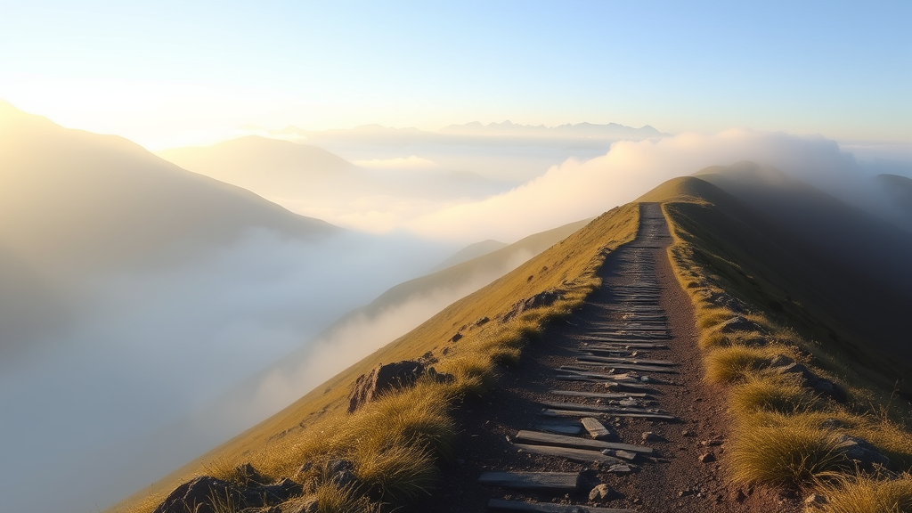 Peaceful mountain path with soft morning light filtering through mist, representing journey and discovery, no text no words no letters