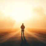 Person standing at crossroads with misty paths ahead, soft golden light, peaceful contemplative mood, serene landscape, no text no words no letters