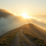 Serene mountain path emerging from misty fog into clear sunlight, soft golden lighting, peaceful landscape, no text no words no letters