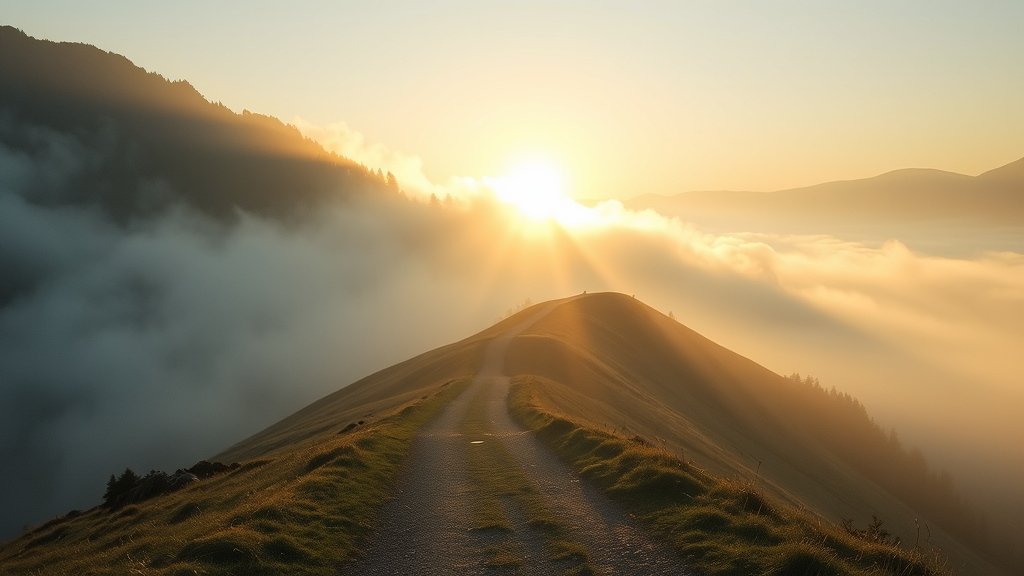 Serene mountain path emerging from misty fog into clear sunlight, soft golden lighting, peaceful landscape, no text no words no letters