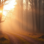 Peaceful sunrise through misty forest path, soft golden light filtering through trees, serene morning atmosphere, no text no words no letters