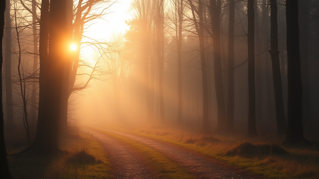 Peaceful sunrise through misty forest path, soft golden light filtering through trees, serene morning atmosphere, no text no words no letters