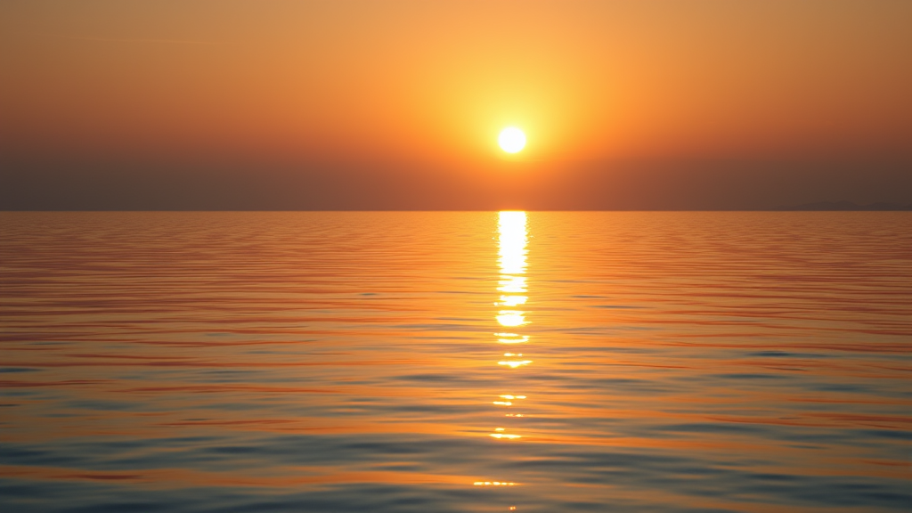 Peaceful sunrise over calm water with soft golden light creating sense of clarity and new beginnings no text no words no letters