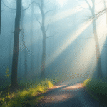 Soft morning light filtering through misty forest path, peaceful and serene atmosphere, calming blues and greens, no text no words no letters