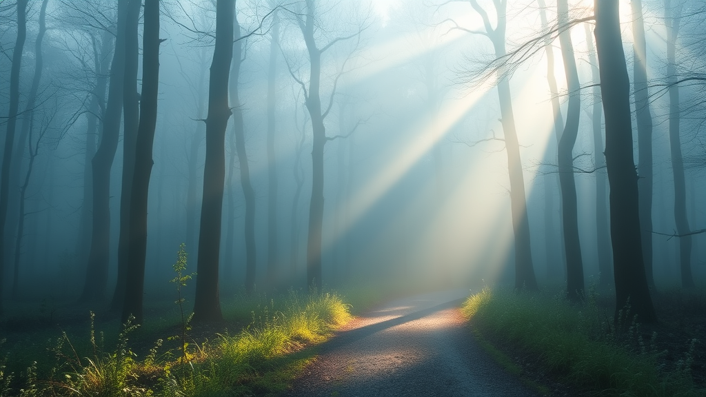 Soft morning light filtering through misty forest path, peaceful and serene atmosphere, calming blues and greens, no text no words no letters