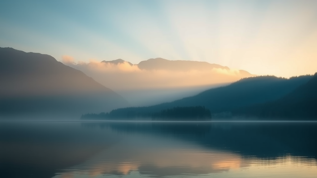 Peaceful mountain landscape with soft morning light filtering through mist, serene lake reflection, calming blue and gold tones, no text no words no letters