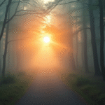 Peaceful sunrise through misty forest path symbolizing clarity and new beginnings with soft golden light no text no words no letters