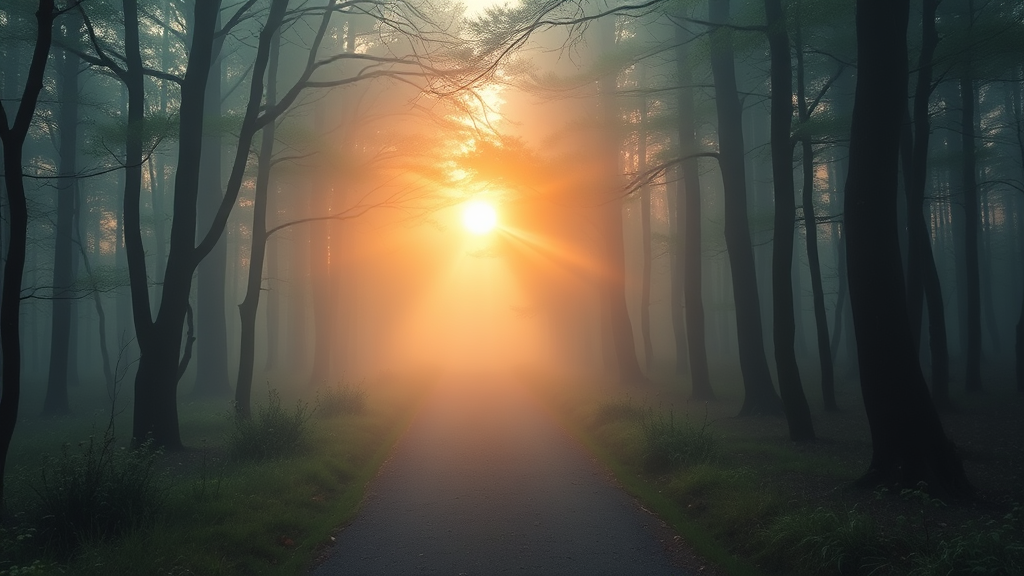 Peaceful sunrise through misty forest path symbolizing clarity and new beginnings with soft golden light no text no words no letters