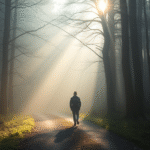 Soft morning light filtering through misty forest path, person walking forward, gentle rays, peaceful journey, serenity, no text no words no letters