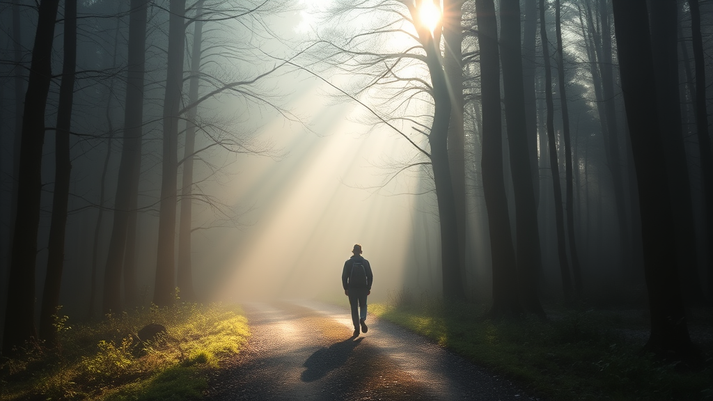 Soft morning light filtering through misty forest path, person walking forward, gentle rays, peaceful journey, serenity, no text no words no letters