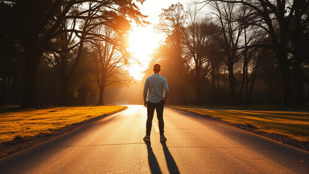 Person standing at peaceful crossroads with soft golden light filtering through trees, serene landscape, no text no words no letters