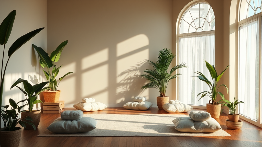 Peaceful meditation space with soft natural lighting, plants, cushions, serene atmosphere, calming colors, no text no words no letters