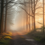 Peaceful misty forest path with soft golden light filtering through trees, serene atmosphere, no text no words no letters