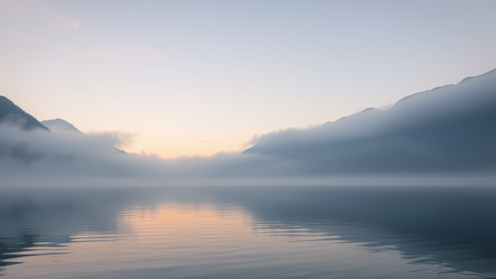 Serene mountain lake at dawn with soft mist, peaceful atmosphere, calm waters reflecting sky, tranquil landscape, no text no words no letters