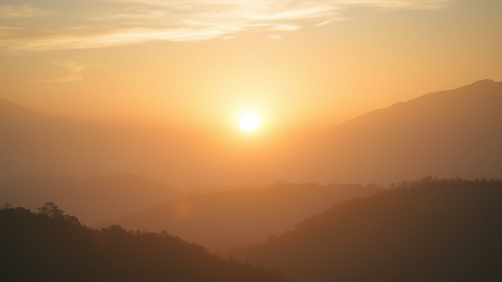 Peaceful sunrise through misty mountains with soft golden light creating serene atmosphere of hope and clarity no text no words no letters