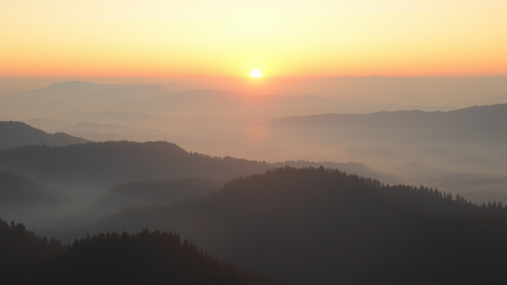 Peaceful sunrise over calm misty mountains with soft golden light creating serene atmosphere no text no words no letters