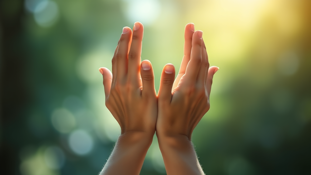 Gentle hands reaching upward in soft natural lighting with peaceful blue and green tones representing hope and movement no text no words no letters