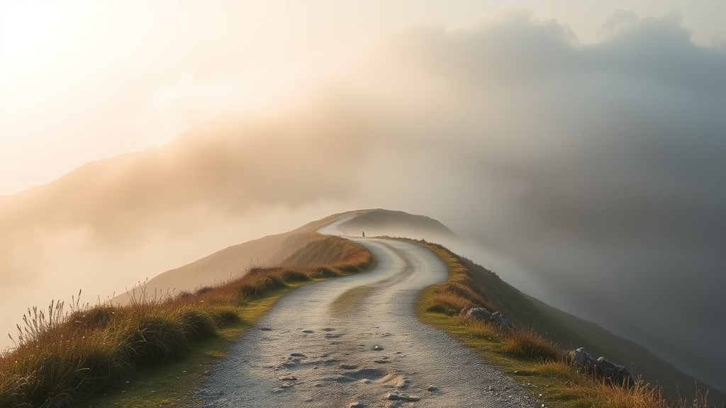 Peaceful misty mountain path with soft morning light, serene landscape symbolizing journey and clarity, calming earth tones, no text no words no letters