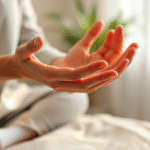 Gentle hands supporting movement therapy session with soft natural lighting peaceful healing environment no text no words no letters