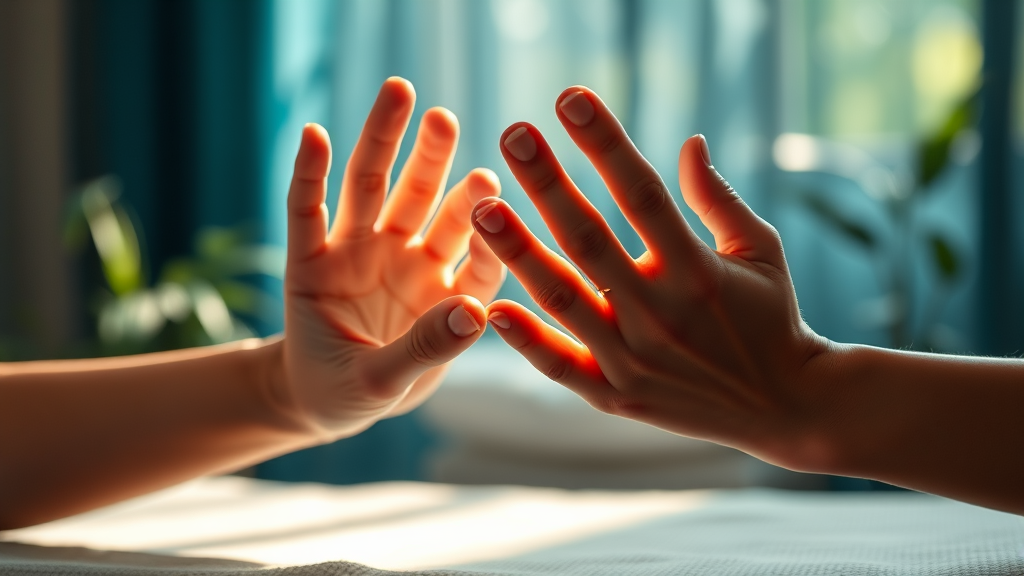 Gentle hands supporting movement, soft natural lighting, peaceful therapy environment, healing and hope, calming blues and greens, no text no words no letters