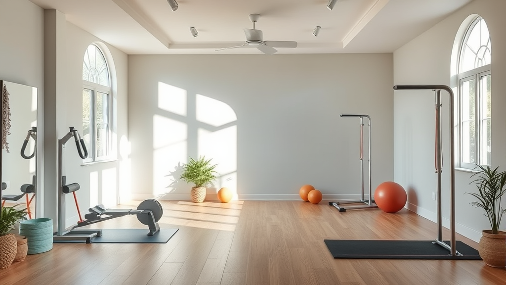 Peaceful therapy room with natural lighting, soft colors, exercise equipment, calming atmosphere focused on healing and movement, no text no words no letters