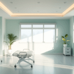 Serene therapy room with soft natural lighting, peaceful atmosphere, gentle rehabilitation equipment, calming blue and green tones, no text no words no letters