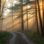 Soft misty path through forest with golden sunlight filtering through trees peaceful serene atmosphere mental clarity no text no words no letters