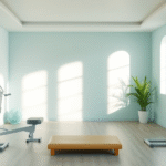 Peaceful therapy room with soft natural lighting, gentle exercise equipment, calming blue and green tones, serene healing environment, no text no words no letters