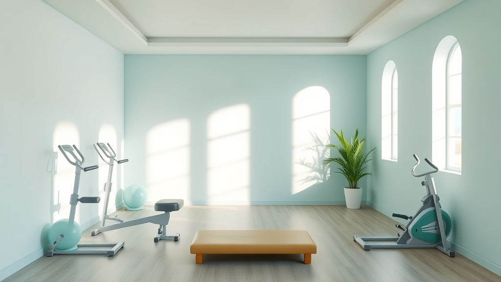 Peaceful therapy room with soft natural lighting, gentle exercise equipment, calming blue and green tones, serene healing environment, no text no words no letters