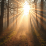 Soft sunlight breaking through misty forest path, serene morning light, peaceful nature scene with gentle shadows, calming earth tones, no text no words no letters