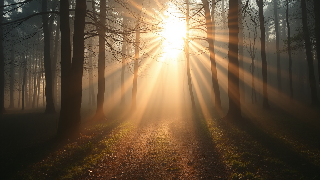 Soft sunlight breaking through misty forest path, serene morning light, peaceful nature scene with gentle shadows, calming earth tones, no text no words no letters