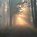 Serene path through misty forest with soft golden light filtering through trees peaceful journey forward no text no words no letters