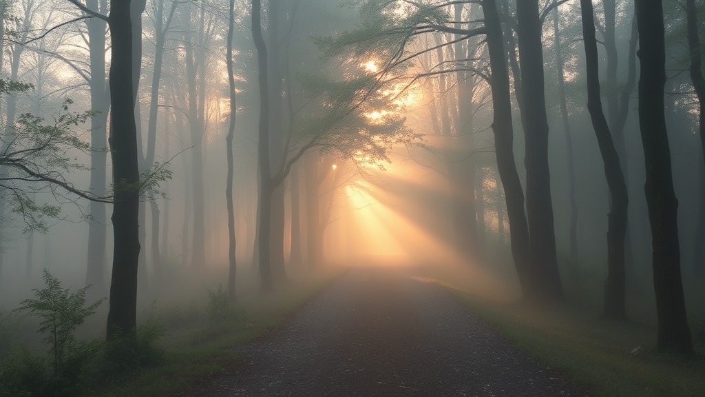 Serene path through misty forest with soft golden light filtering through trees peaceful journey forward no text no words no letters