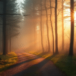 Soft misty forest path with gentle golden sunlight filtering through trees creating peaceful atmosphere no text no words no letters