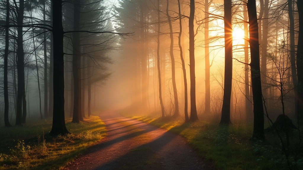 Soft misty forest path with gentle golden sunlight filtering through trees creating peaceful atmosphere no text no words no letters