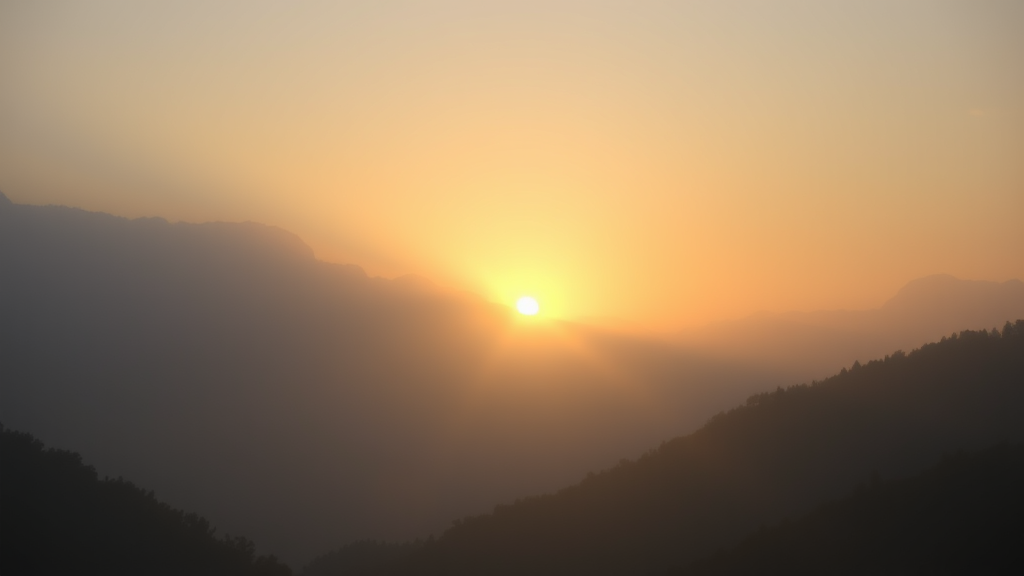 Peaceful sunrise through misty mountains with soft golden light representing hope and clarity, serene landscape, no text no words no letters