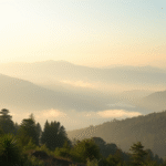 Peaceful meditation scene with soft natural lighting, serene mountain landscape, gentle morning mist, calming blues and greens, no text no words no letters