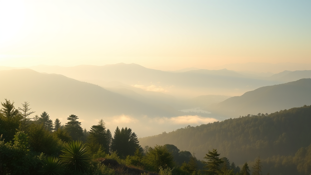 Peaceful meditation scene with soft natural lighting, serene mountain landscape, gentle morning mist, calming blues and greens, no text no words no letters