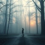 Serene person standing at crossroads in misty forest, soft golden light filtering through trees, peaceful contemplation, no text no words no letters