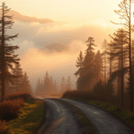 Serene mountain path disappearing into morning mist, soft golden light filtering through trees, peaceful journey concept, no text no words no letters