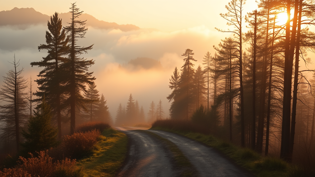 Serene mountain path disappearing into morning mist, soft golden light filtering through trees, peaceful journey concept, no text no words no letters