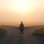 Person standing at crossroads with multiple paths leading into misty horizon, soft golden light, peaceful contemplation, no text no words no letters