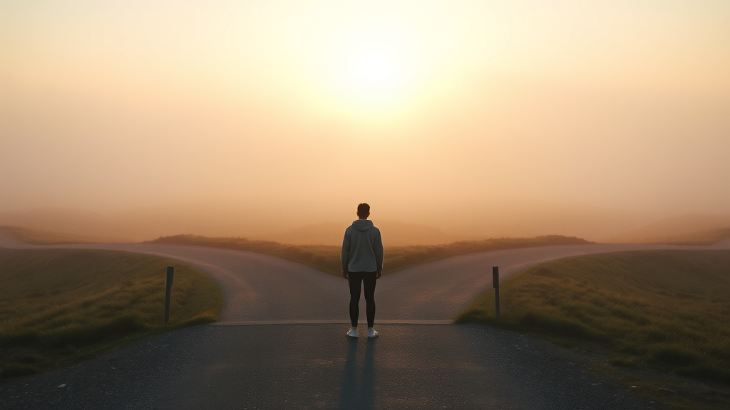 Person standing at crossroads with multiple paths leading into misty horizon, soft golden light, peaceful contemplation, no text no words no letters