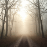 Soft morning light through misty trees, peaceful path leading into unknown distance, serene nature scene with gentle colors, no text no words no letters