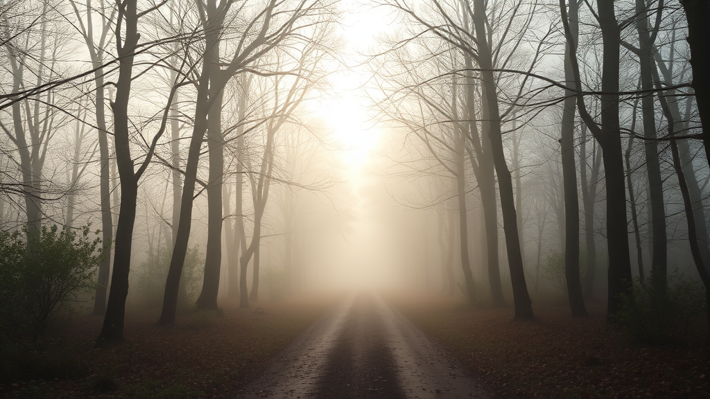 Soft morning light through misty trees, peaceful path leading into unknown distance, serene nature scene with gentle colors, no text no words no letters