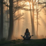 Peaceful person meditating in misty forest with soft golden light filtering through trees creating calm atmosphere no text no words no letters